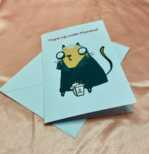 Load image into Gallery viewer, ‘Only noodles Meowchael’ David white background Horror Cheese Cat Greeting Card