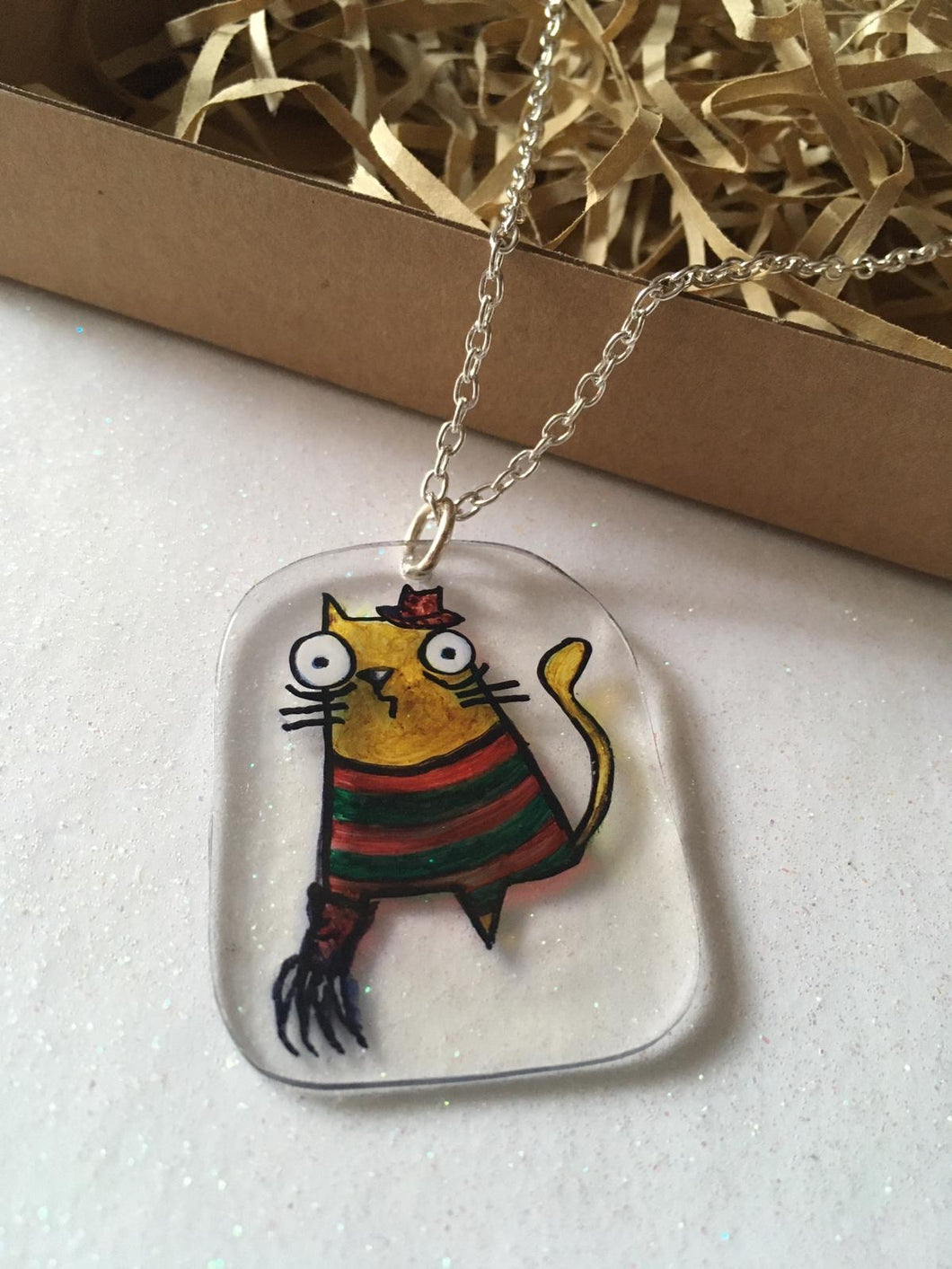 Handmade ‘Kitty Krueger’ Horror Cheese Cat Necklace on Silver Plated Chain