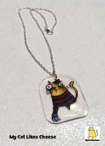 Handmade ‘Kitty Krueger’ Horror Cheese Cat Necklace on Silver Plated Chain