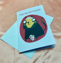 Load image into Gallery viewer, ‘Only noodles Meowchael’ David Horror Cheese Cat Greeting Card
