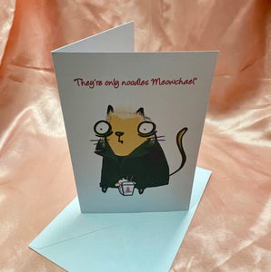 ‘Only noodles Meowchael’ David white background Horror Cheese Cat Greeting Card