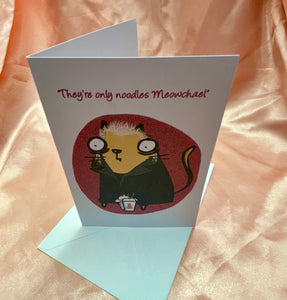 ‘Only noodles Meowchael’ David Horror Cheese Cat Greeting Card
