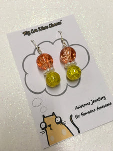 Round Orange, Clear and Yellow Crackled Glass Bead Dangle Necklace and Earring set