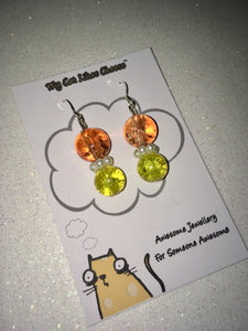 Round Orange, Clear and Yellow Crackled Glass Bead Dangle Necklace and Earring set