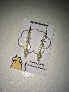 Clear Bicone Crystal Glass and Faux Pearl Dangle Earrings