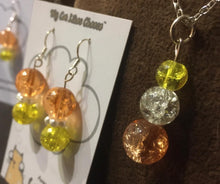Load image into Gallery viewer, Round Orange, Clear and Yellow Crackled Glass Bead Dangle Necklace and Earring set
